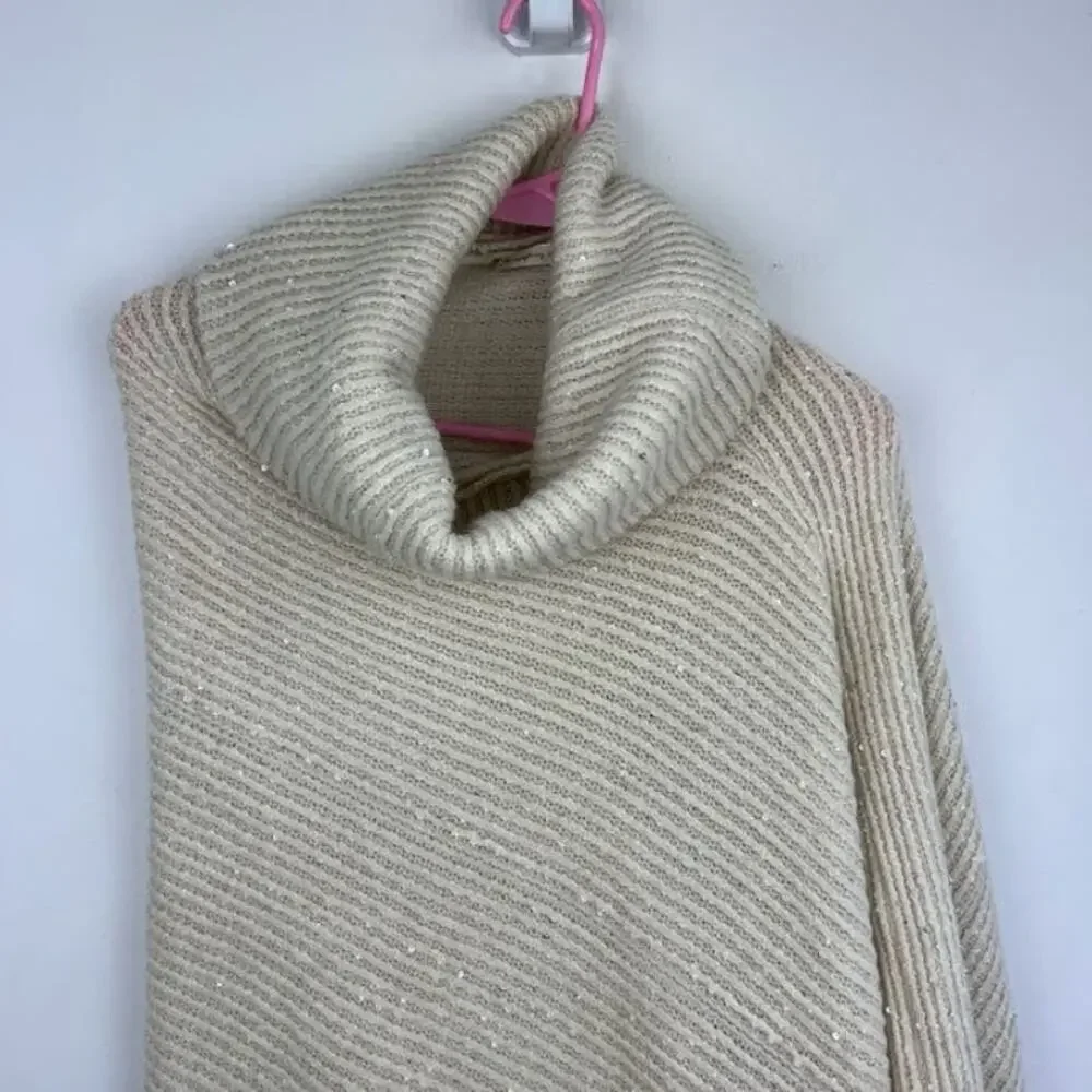 Anthropologie Do everything in love cream sequin cowl neck poncho one size
